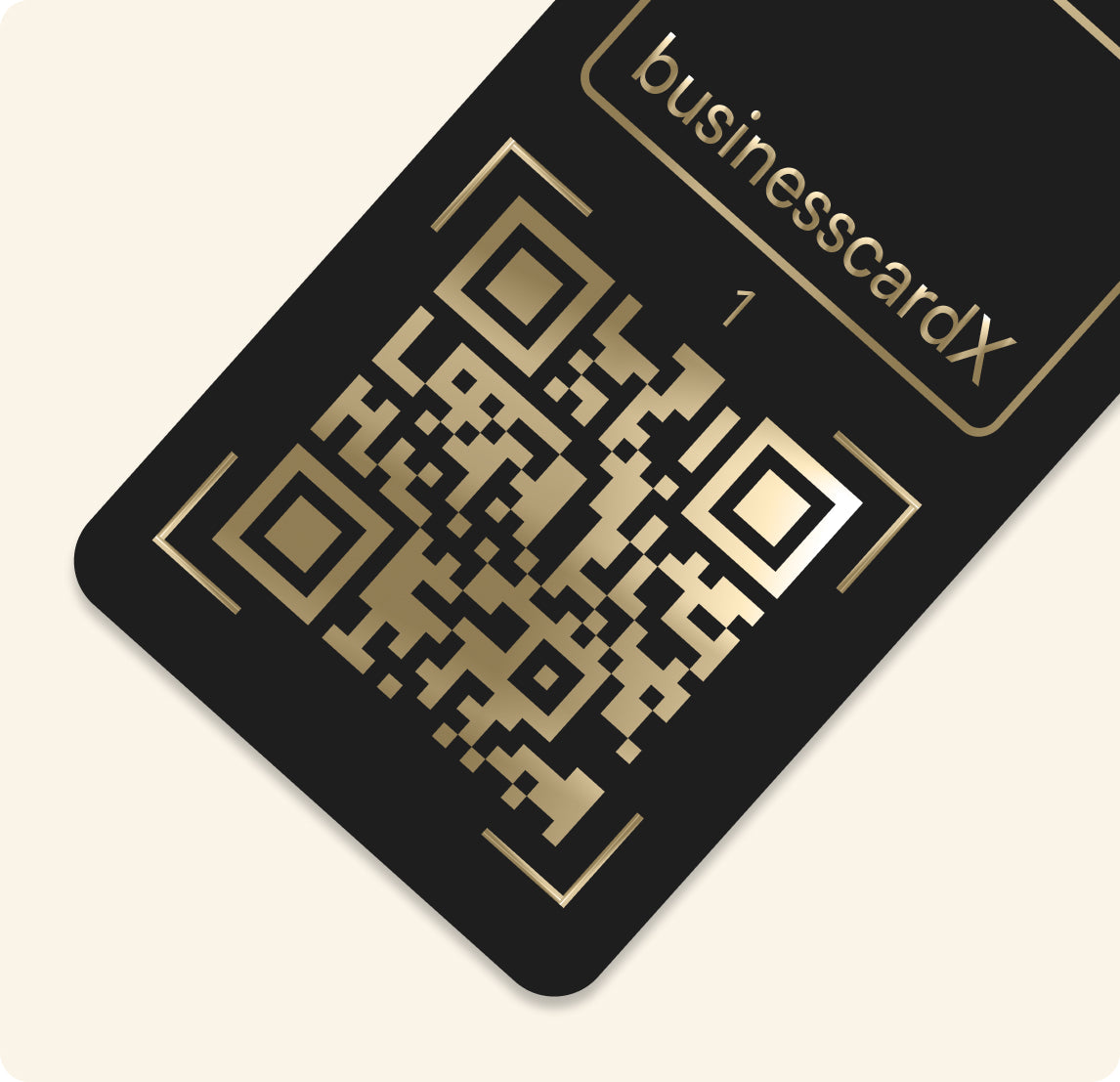 A businesscardX NFC card showing the QR code side with gold foil branding